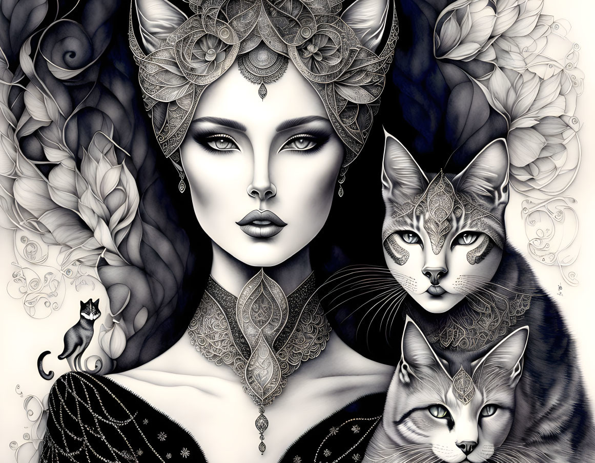 Monochromatic illustration of woman with cat-like features and decorative headdress with two detailed cats