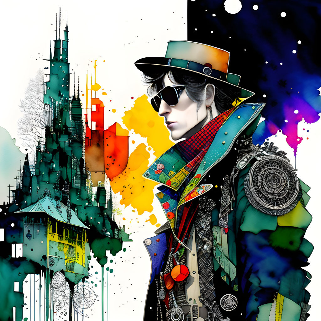 Colorful illustration of a stylish person with sunglasses in abstract architectural setting