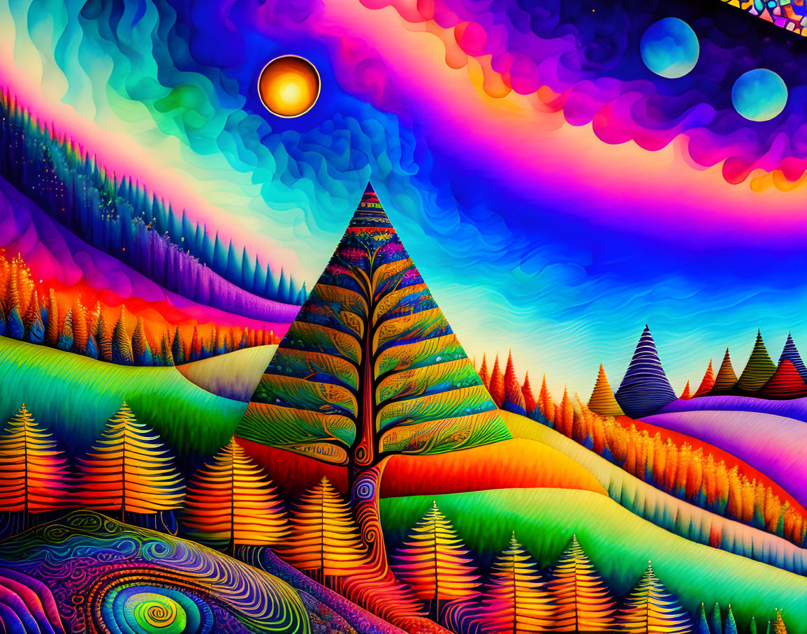 Colorful Psychedelic Landscape with Tree and Surreal Sky