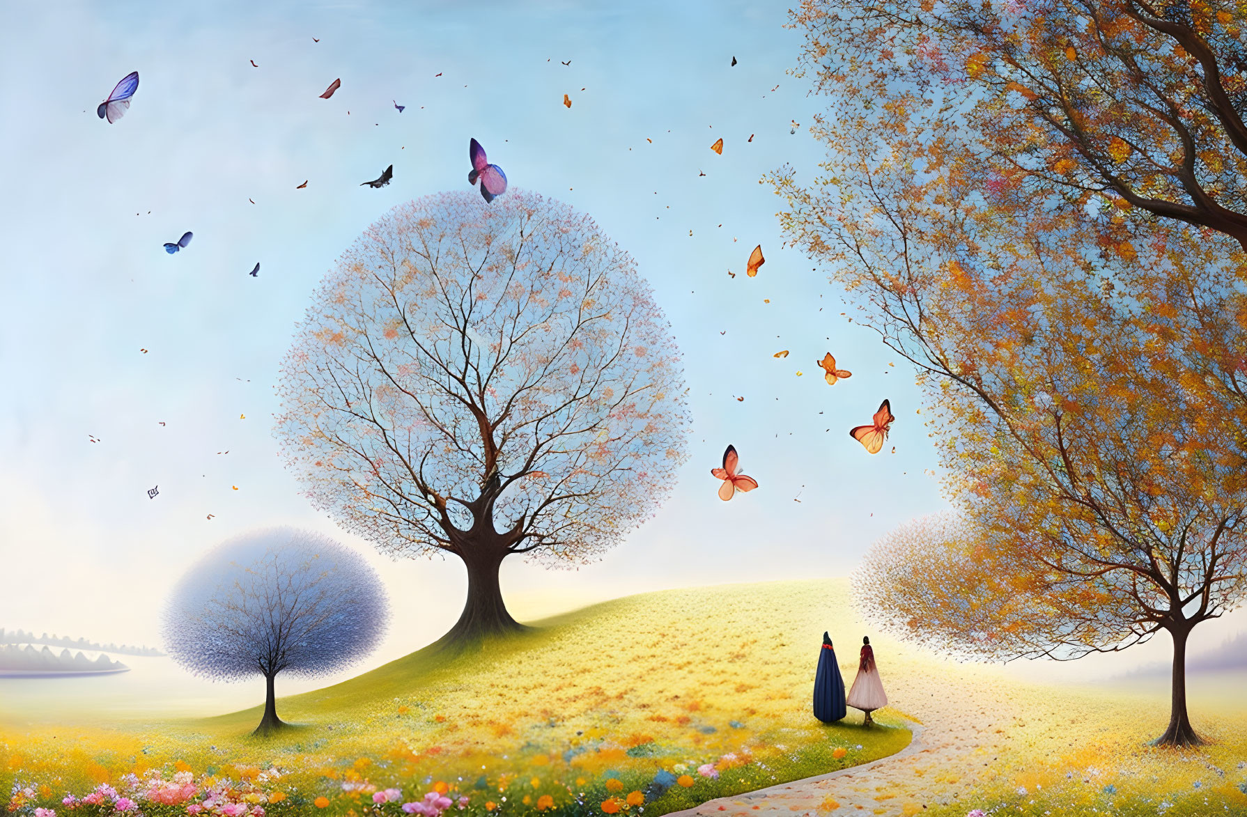 Colorful birds and butterflies in whimsical landscape with walking couple