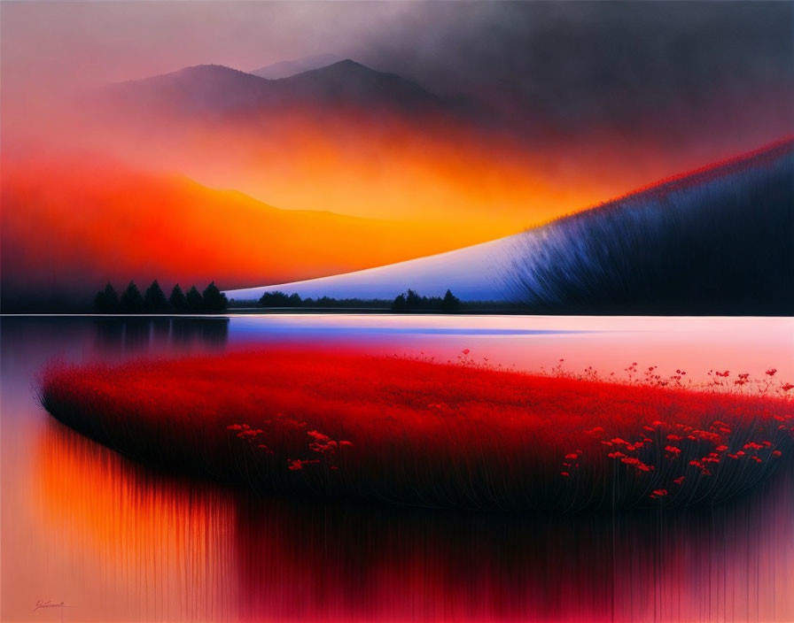 Vivid landscape with fiery sunset sky, tranquil lake, silhouetted mountains, and red flower