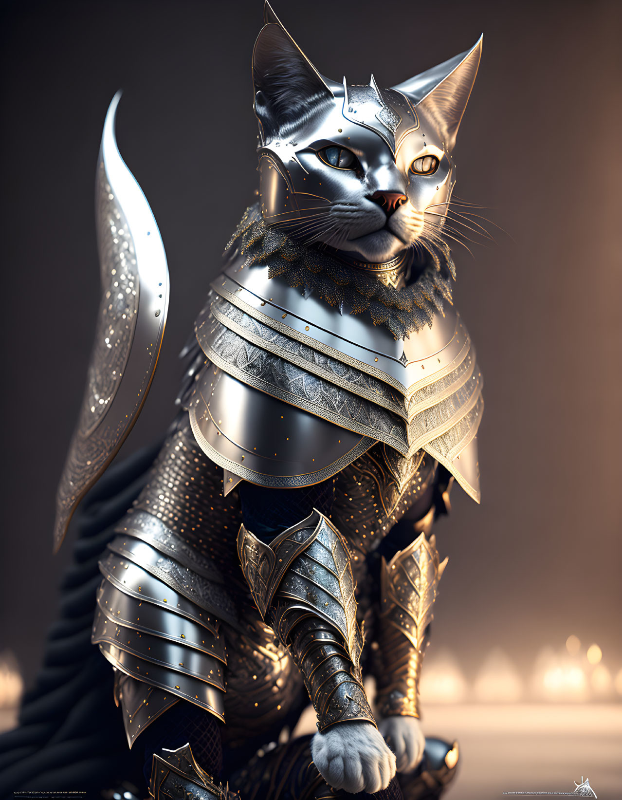 Fantasy armor-clad cat in regal pose on soft-lit backdrop