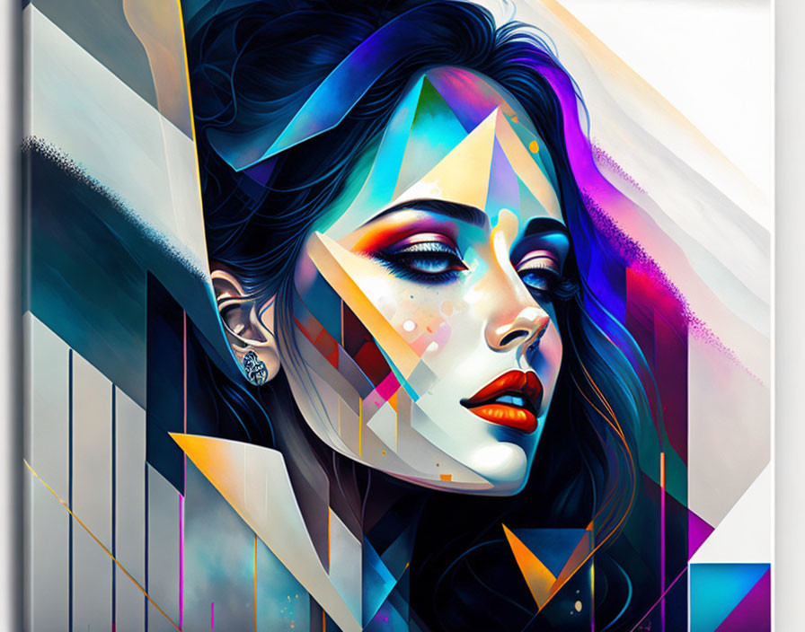 Vibrant abstract portrait of a woman with geometric patterns