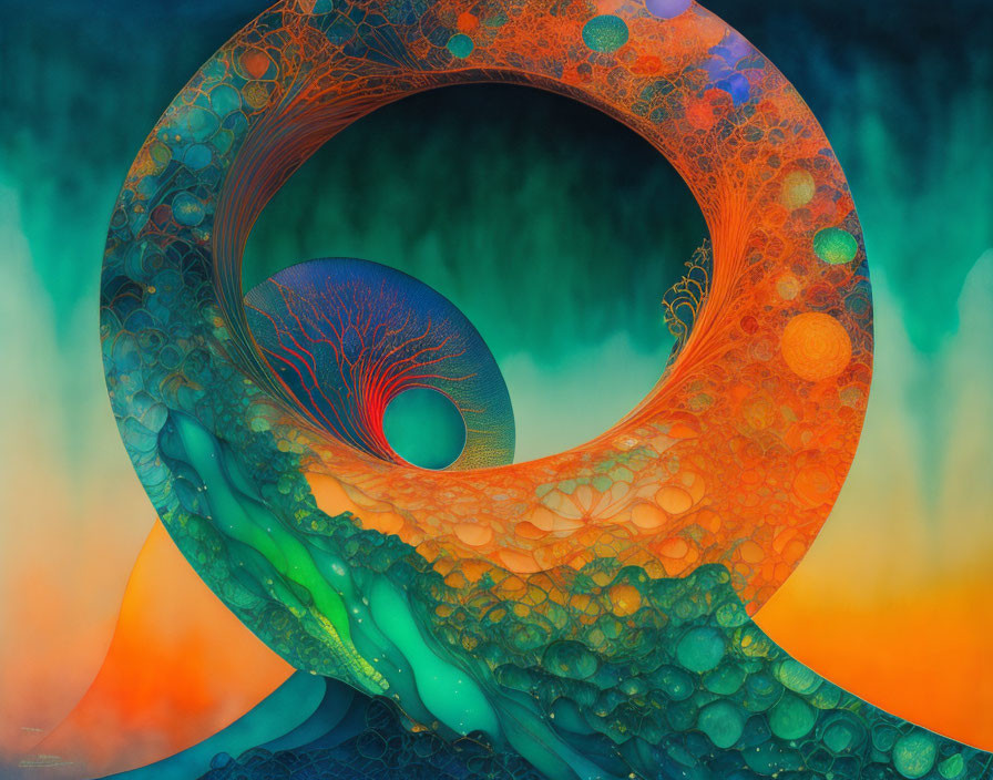 Colorful Swirling Loop Fractal Art with Intricate Patterns and Sunset Gradient Background