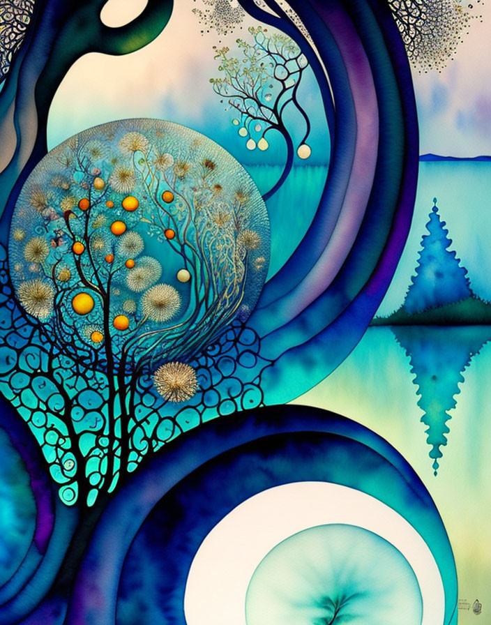 Vibrant blue abstract art with swirling patterns and golden orbs