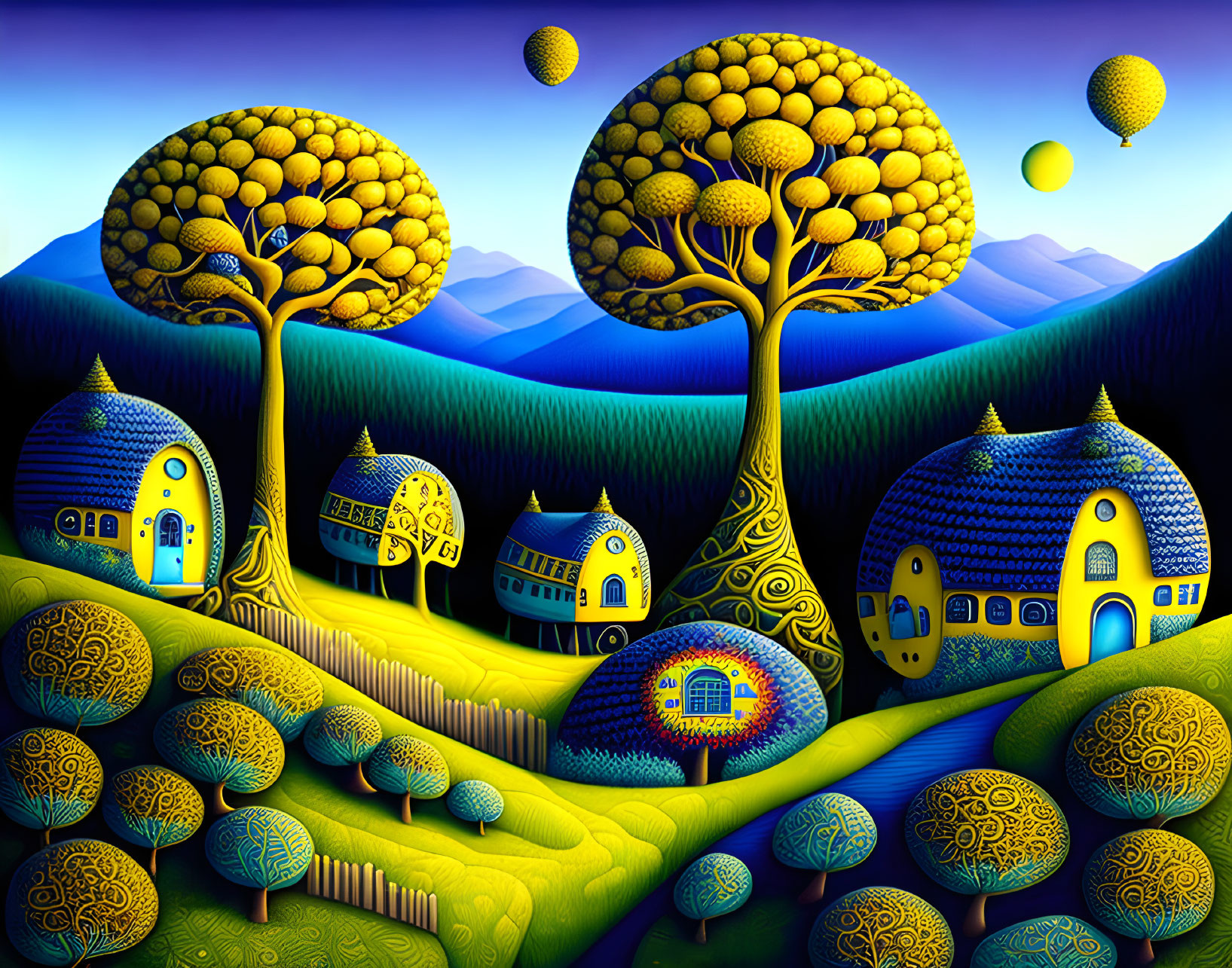 Colorful landscape with stylized trees, rolling hills, houses, and hot air balloons against a twilight