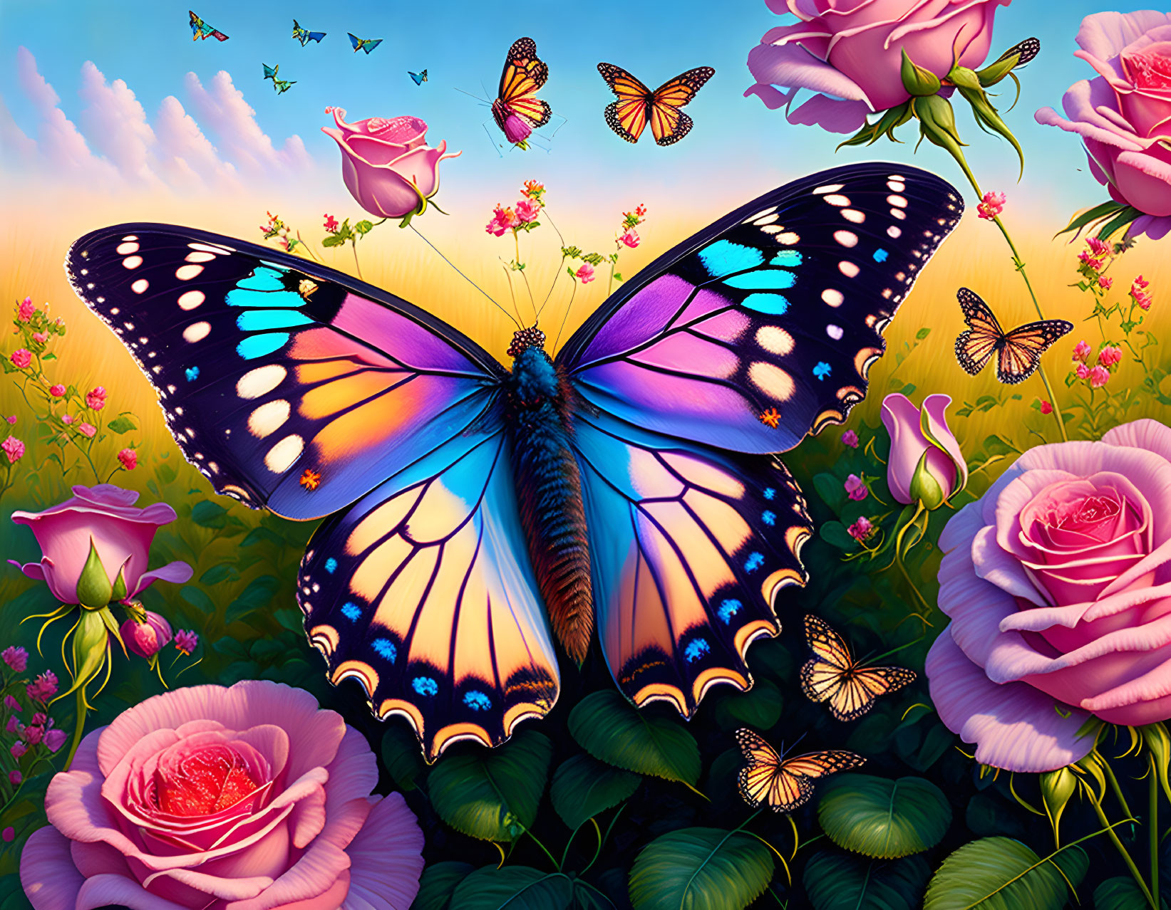 Colorful Butterfly and Roses in Pastel Sky Artwork