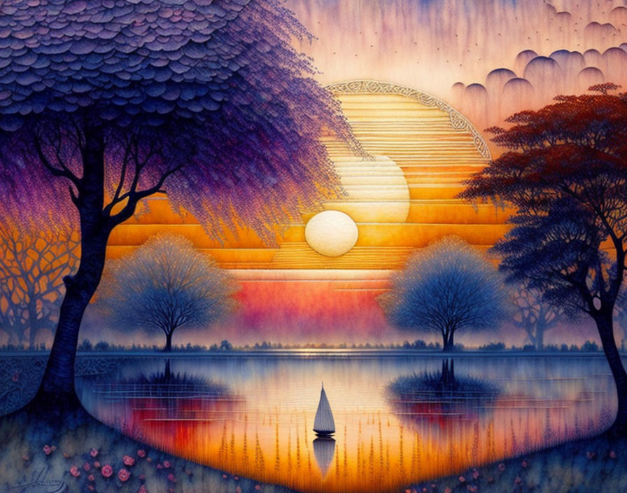 Colorful surreal sunset artwork with sailboat, trees, and large sun.