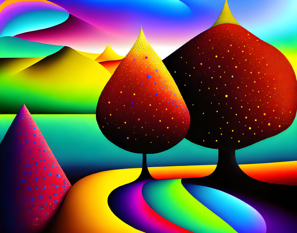 Colorful Psychedelic Landscape with Textured Hills and Stylized Trees