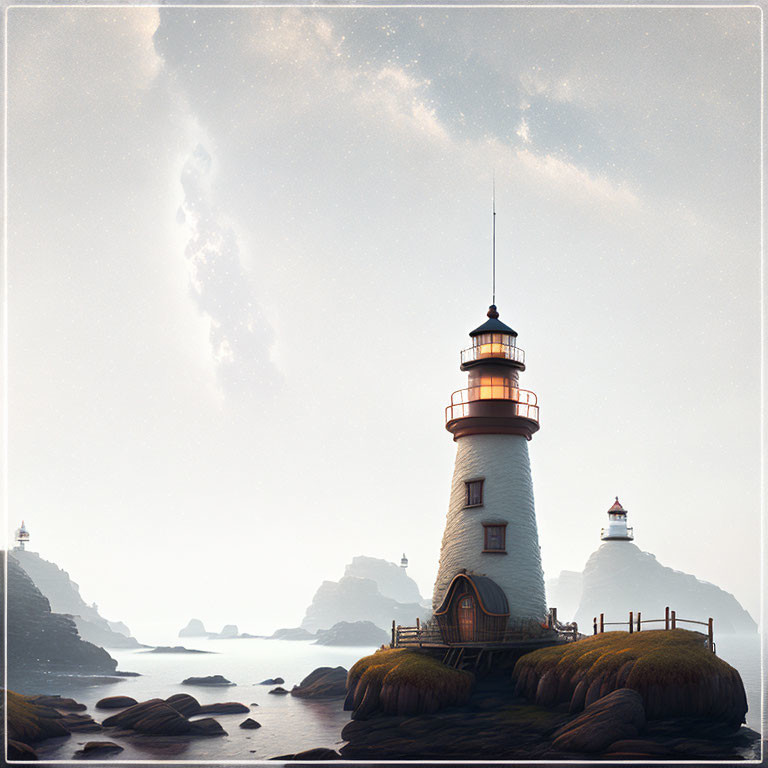 Tranquil coastal scene with lighthouse, calm sea, and clear skies