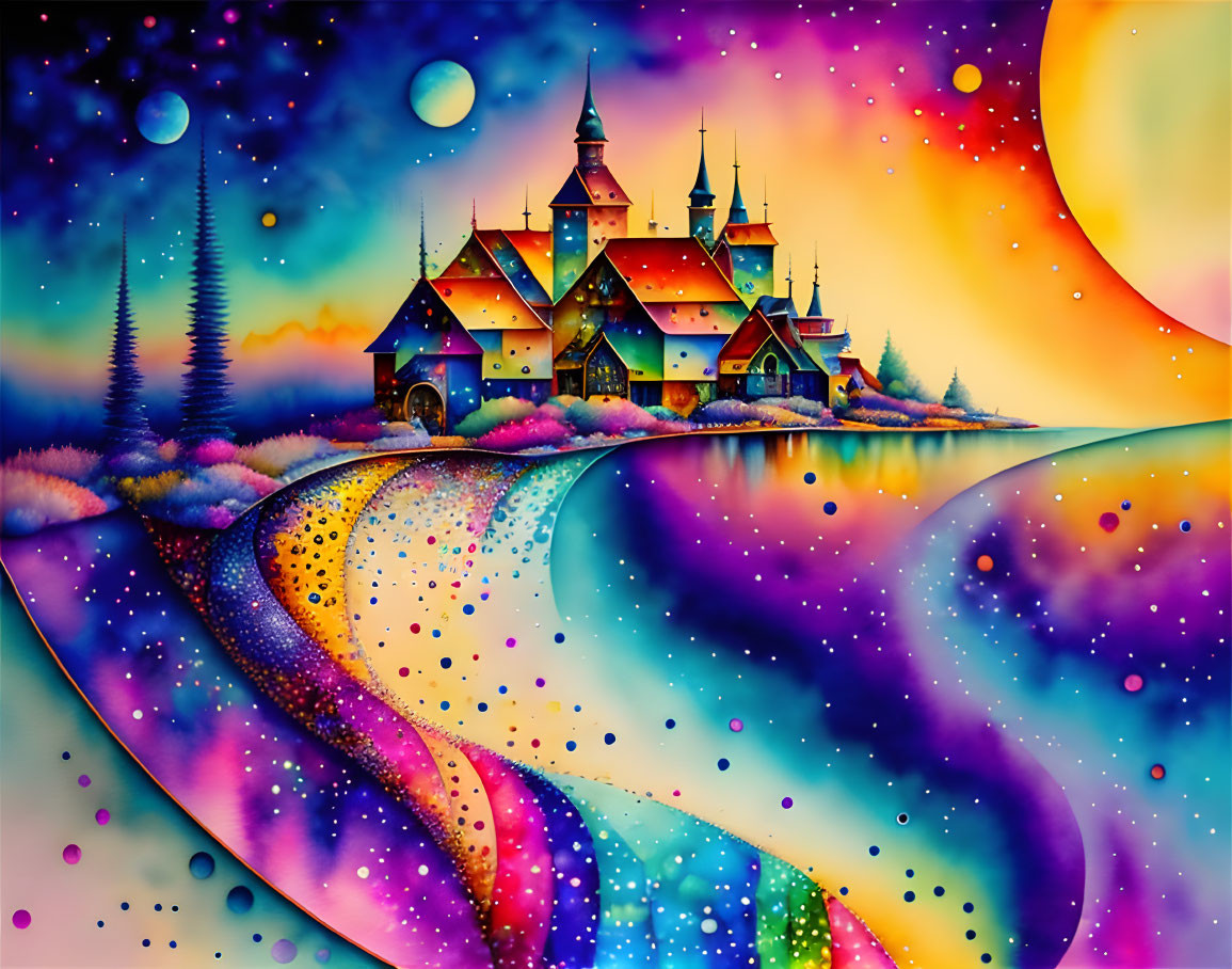 Colorful Castle Painting by Lake with Starry Sky