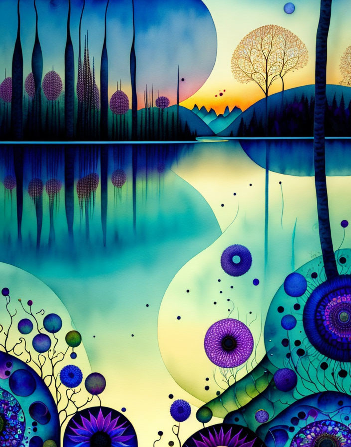 Colorful stylized landscape with blue and purple hues and whimsical flora over reflective water.