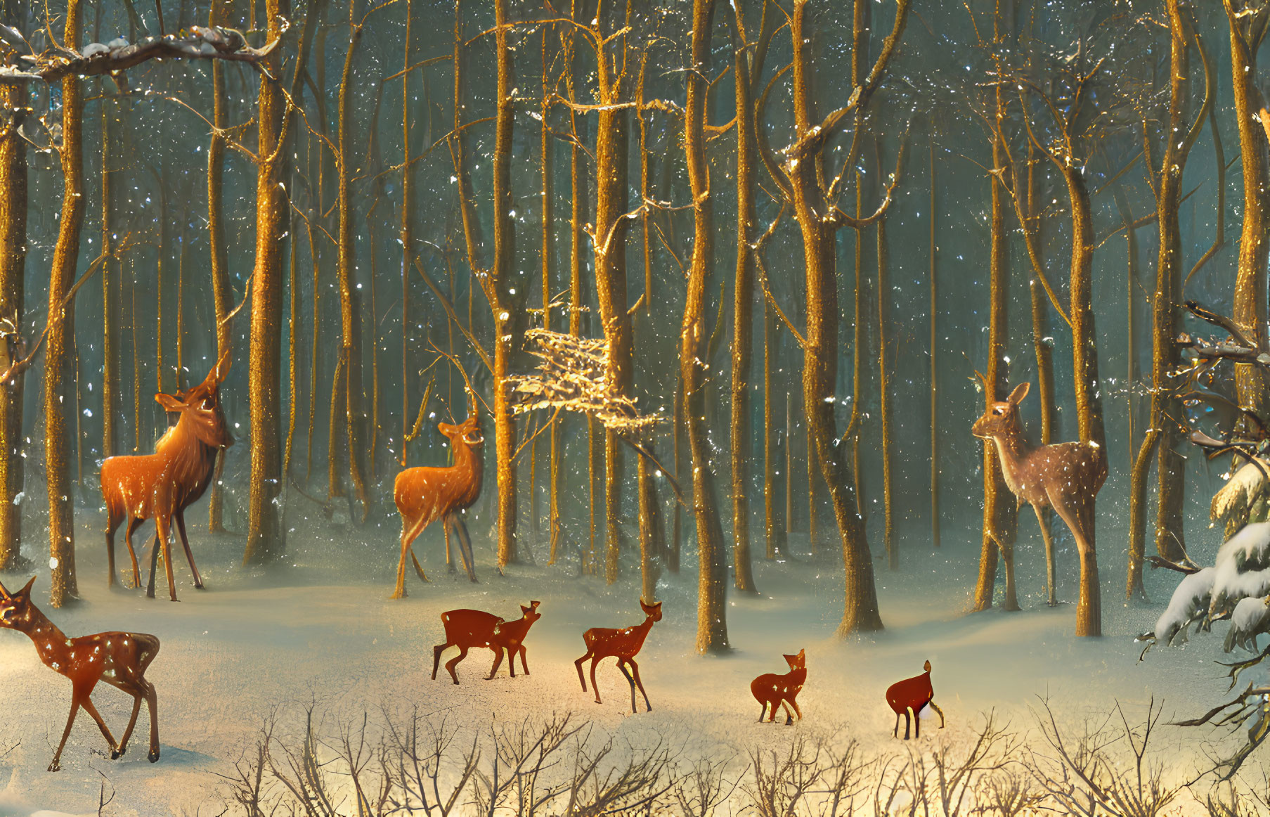 Winter forest scene with deer, snowfall, and warm light