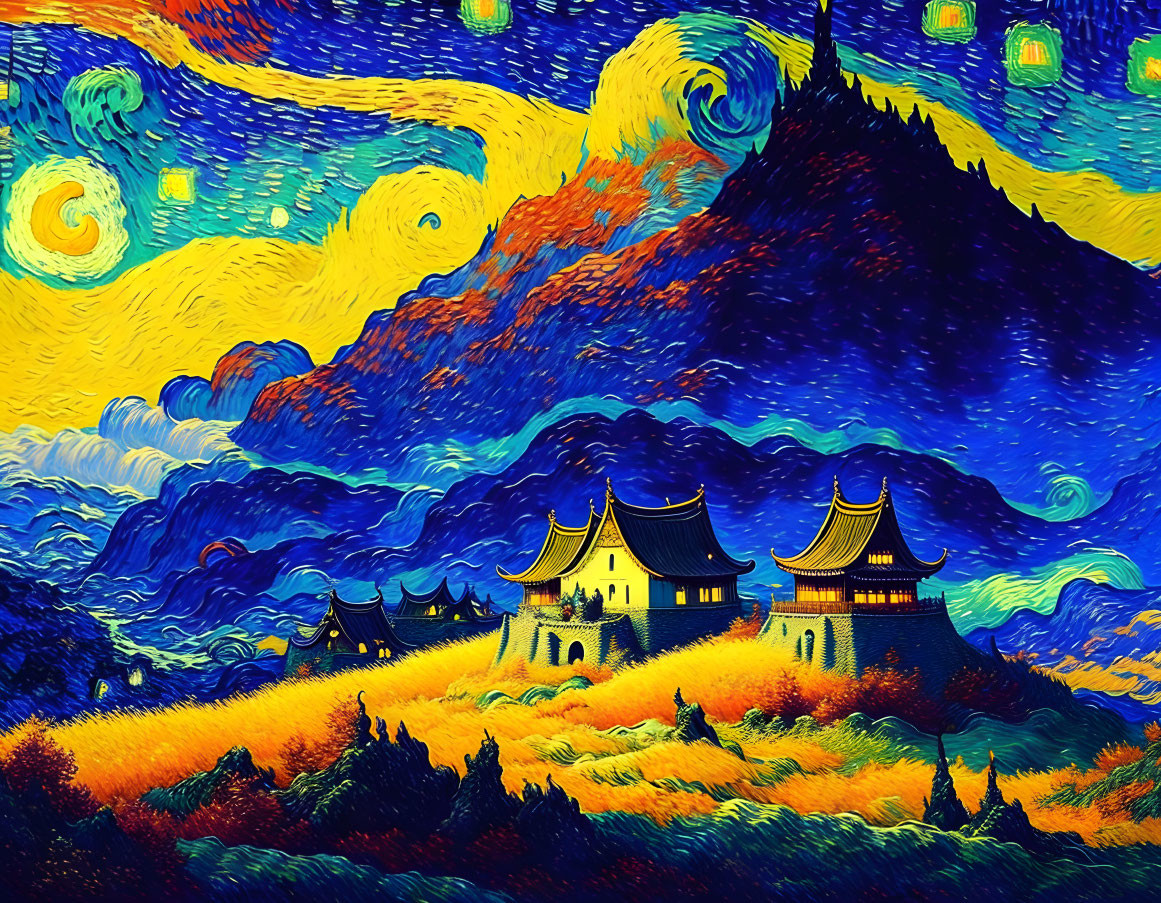 Colorful fusion of Van Gogh's "Starry Night" with Oriental landscape elements