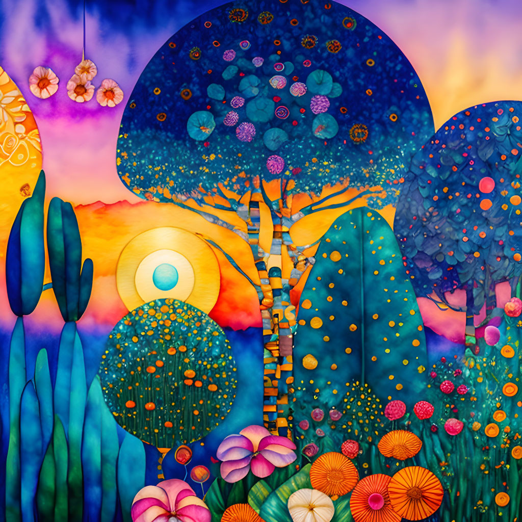 Colorful painting of stylized trees, cacti, and patterns under purple-orange sky