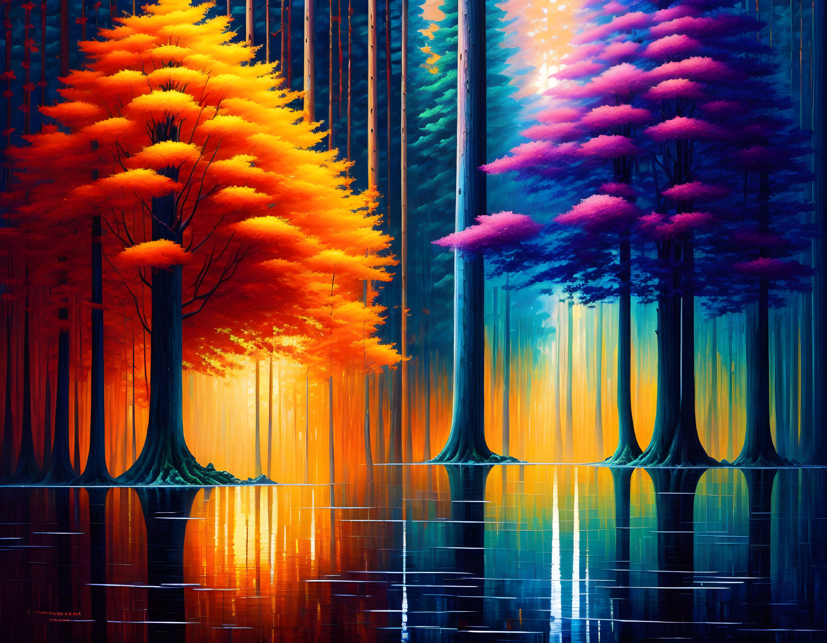 Colorful Digital Artwork: Forest with Orange and Purple Trees, Reflecting on Glossy Surface under