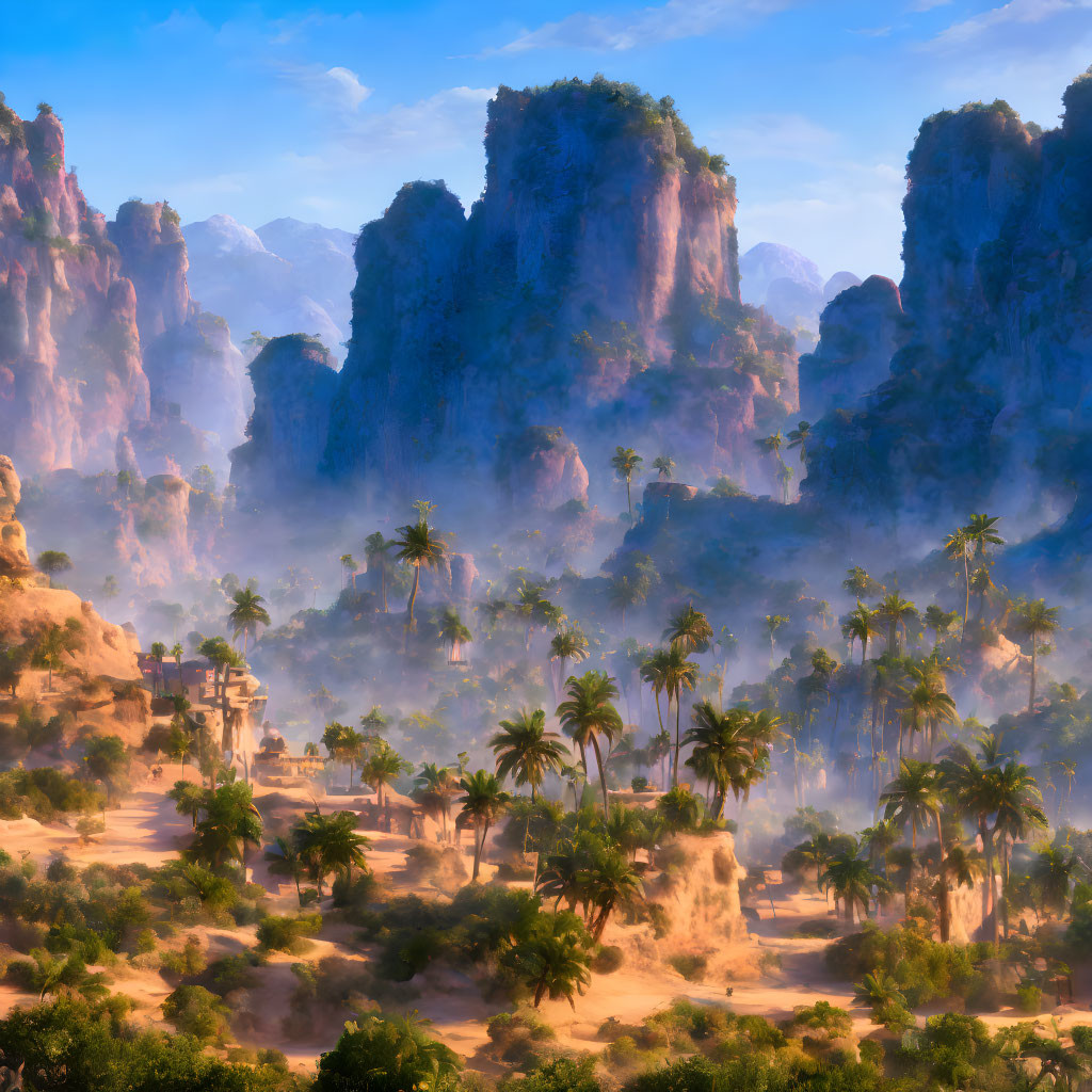 Palm trees and rugged cliffs under a hazy blue sky