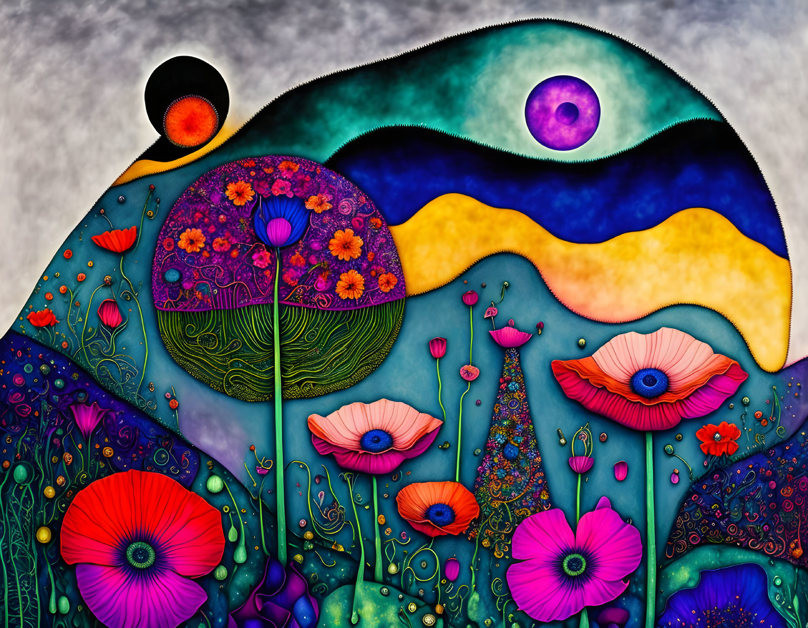 Colorful Whimsical Landscape with Flowers and Celestial Bodies