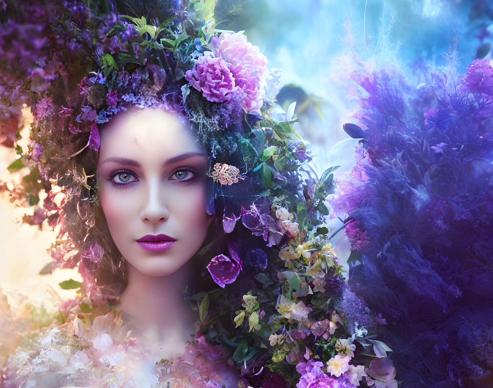 Portrait of a woman with violet eyes and floral headdress in mystical purple haze