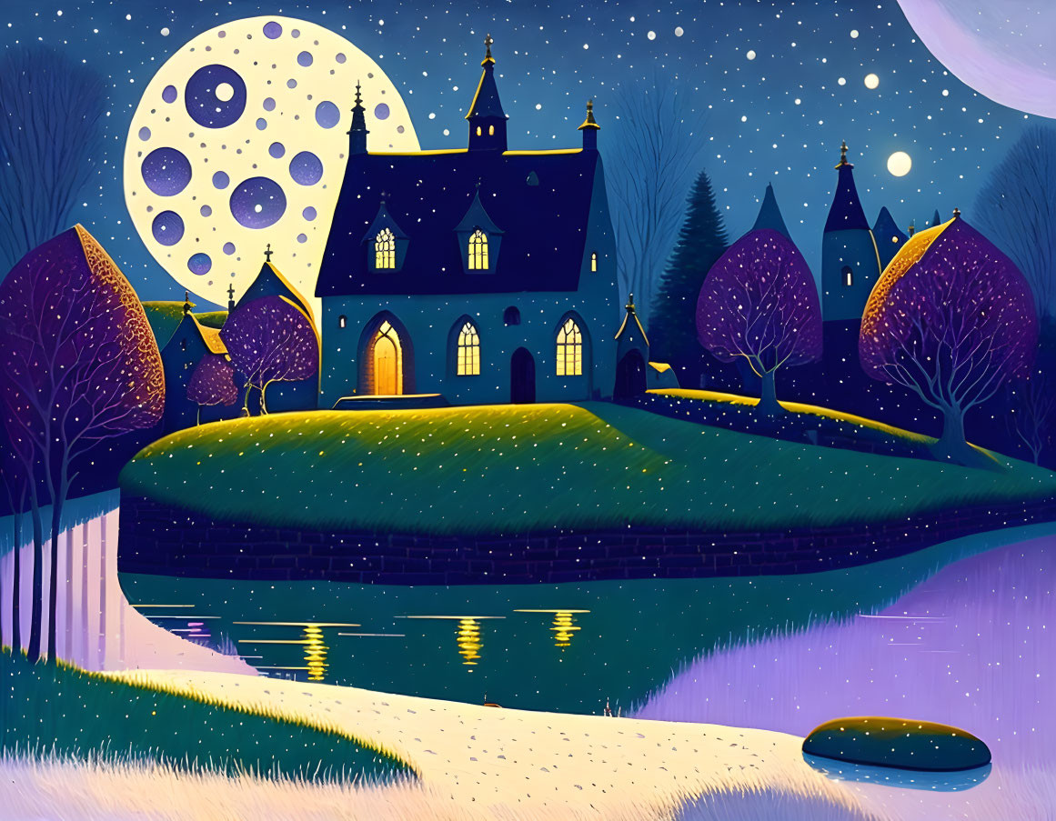 Colorful Gothic Night Scene with Moon and River