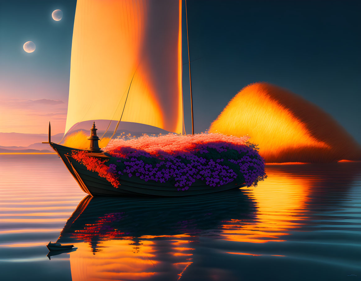 Sailboat filled with flowers on calm waters at sunset