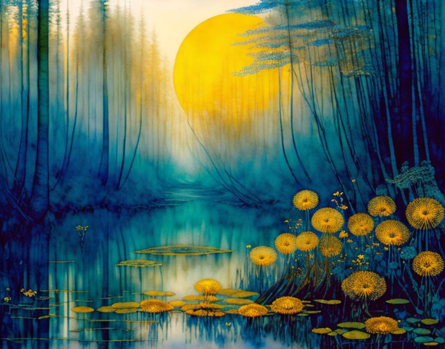 Mystical forest scene: full moon, luminous flowers, serene river