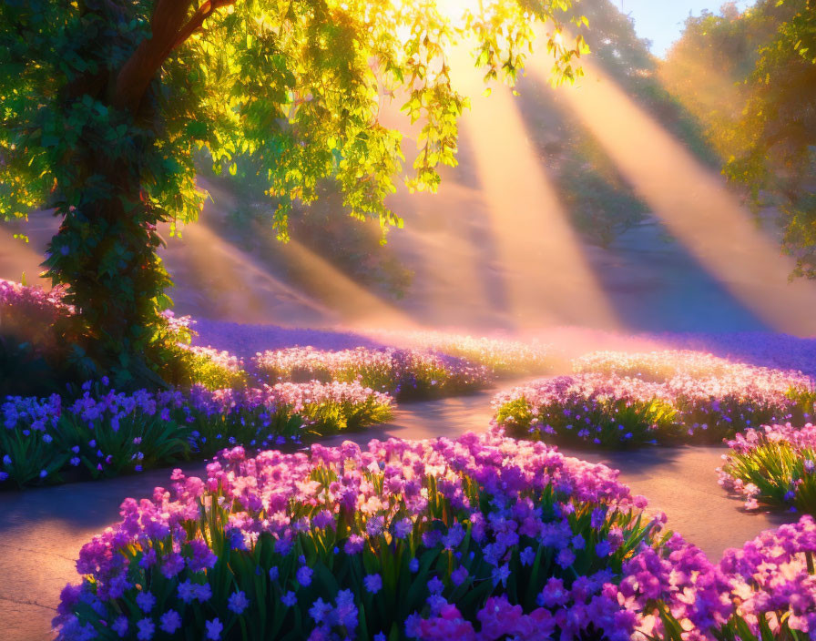 Golden sunlight illuminates serene garden path with vibrant purple flowers.
