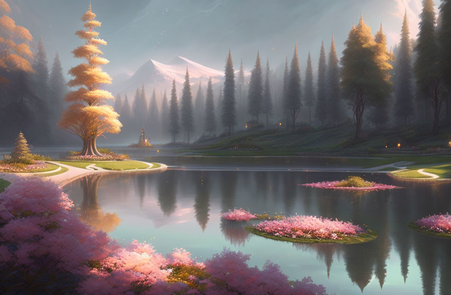 Tranquil landscape with pink blossoming trees, reflective lake, and misty mountains