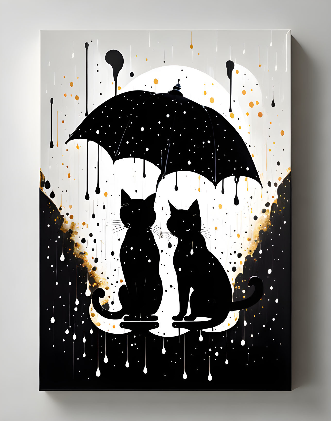 Two Black Cats Under Shared Umbrella on White Background