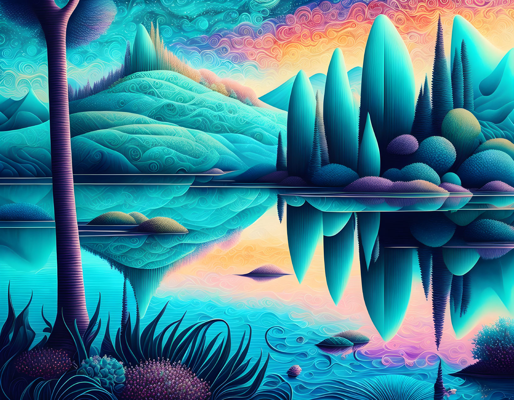 Colorful surreal landscape with stylized foliage and reflective water