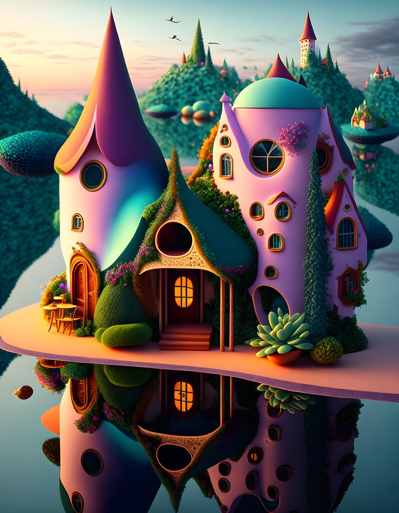 Colorful fairy-tale houses in rolling hills with water reflection