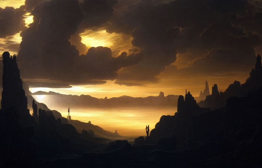 Serene Dusk Landscape with Silhouetted Rocky Formations