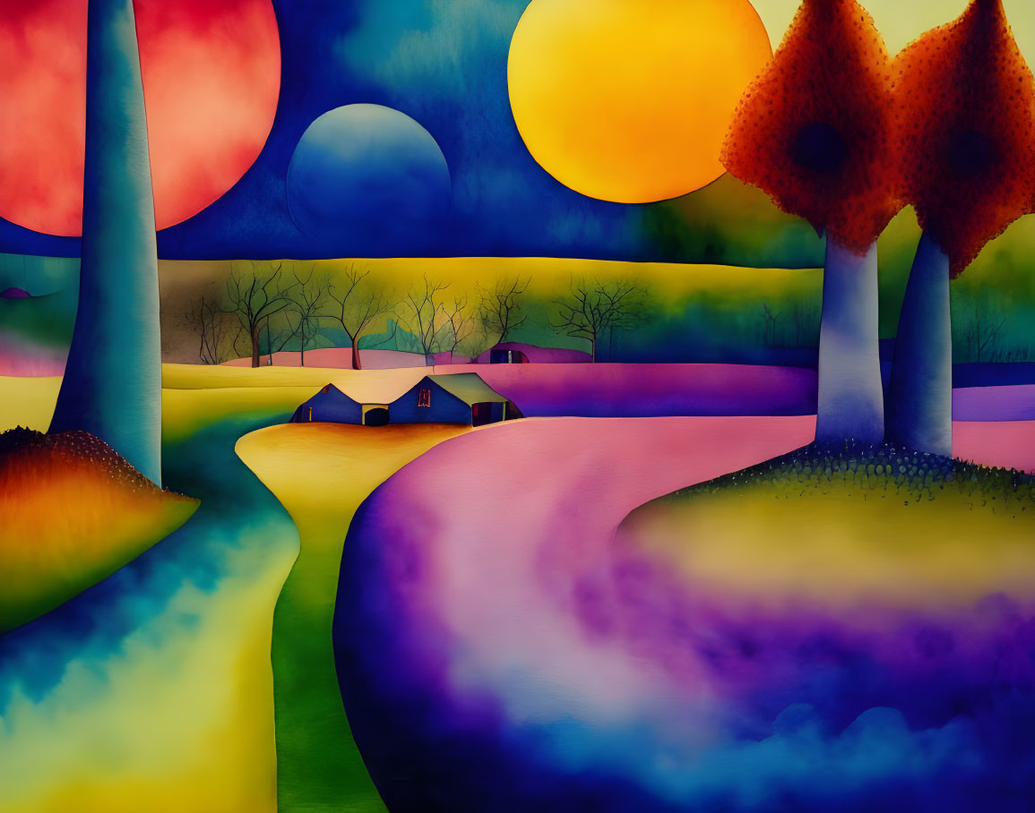 Colorful surreal landscape with winding path, trees, hills, and houses at twilight