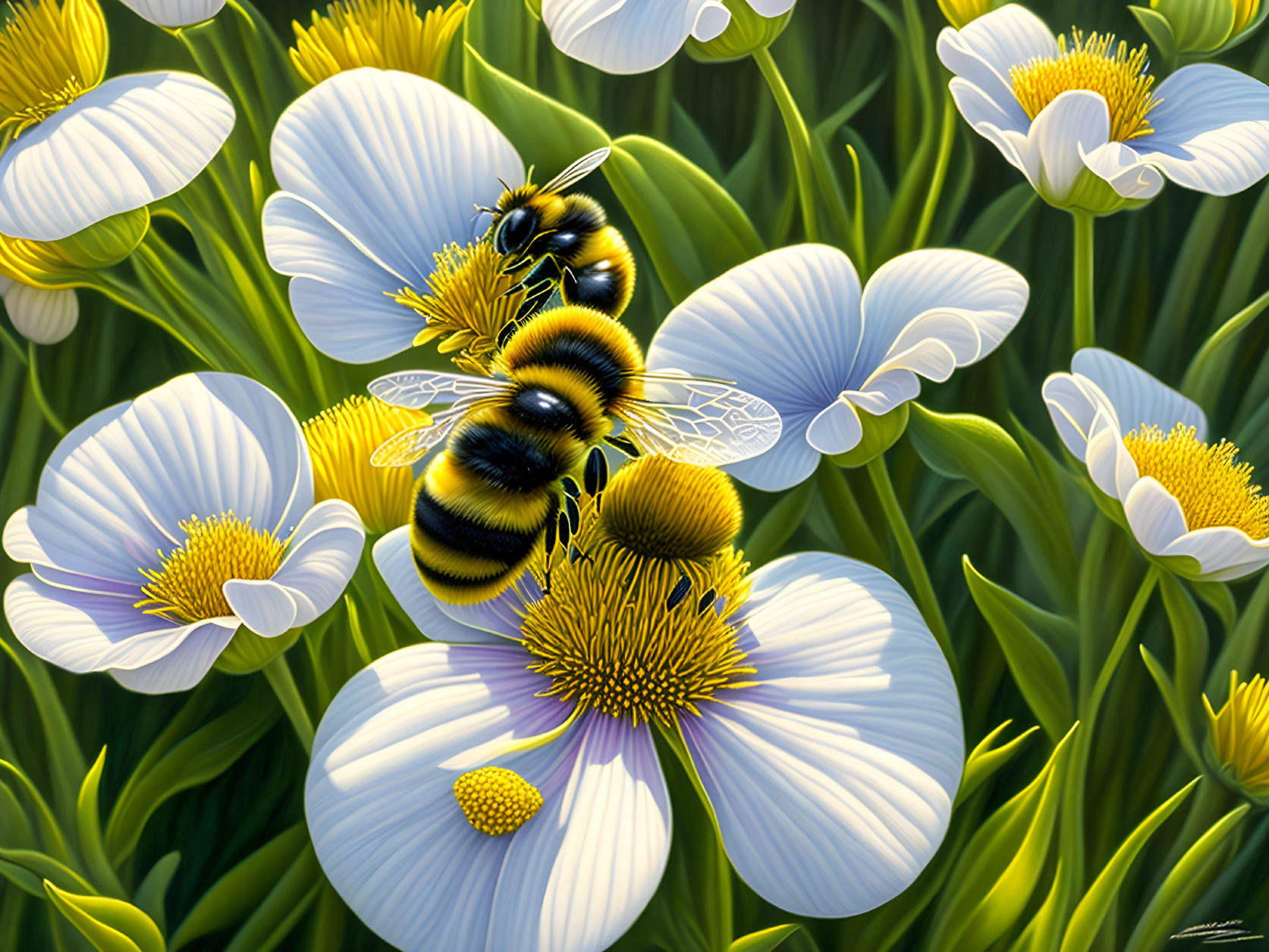 Realistic painting of bees on white and yellow flowers with fine details in green foliage