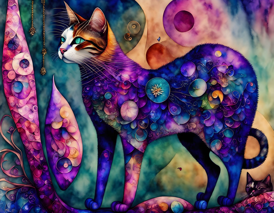 Colorful digital artwork: Cat with vibrant, patterned coat on cosmic backdrop