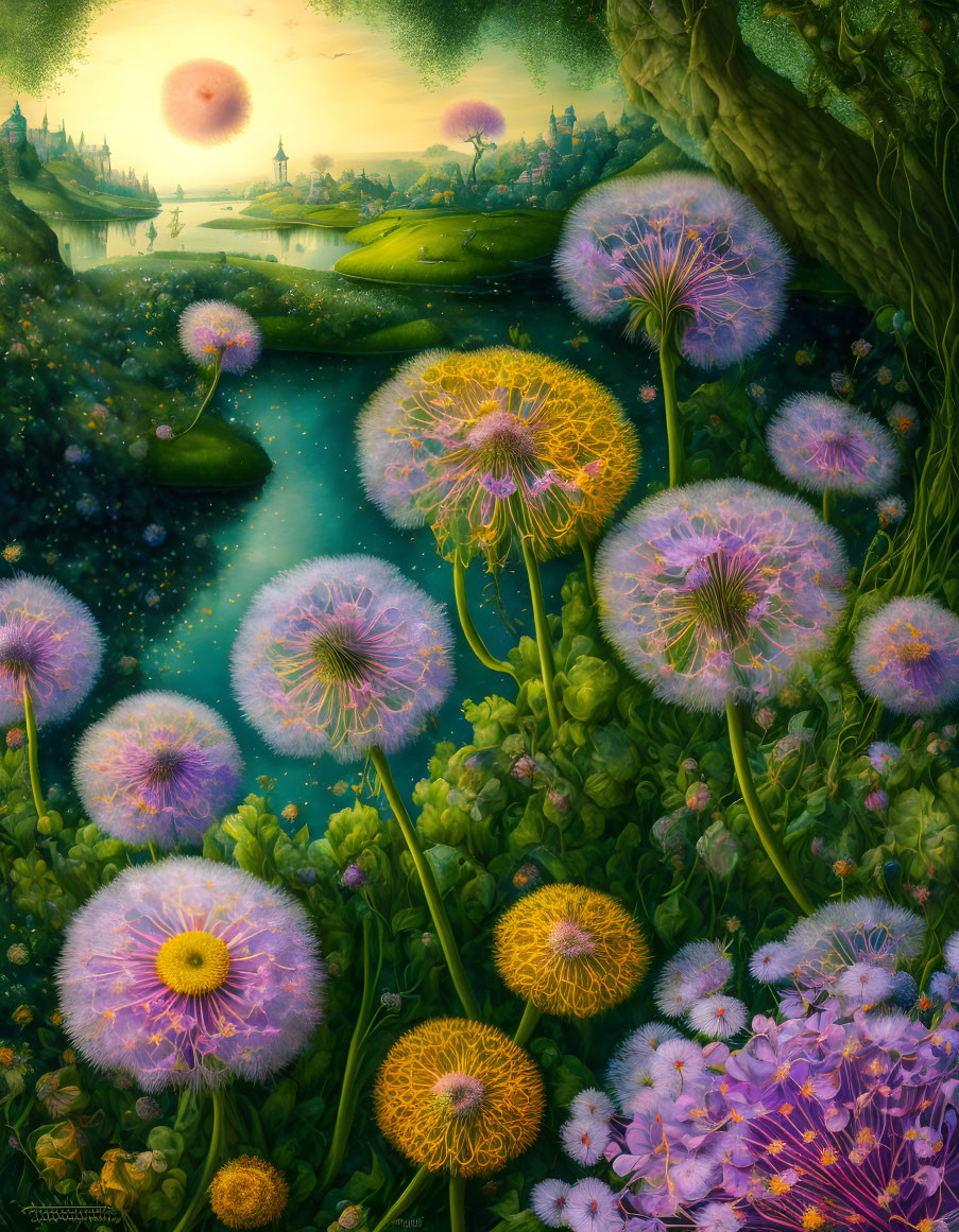 Fantastical landscape with oversized dandelions and whimsical architecture