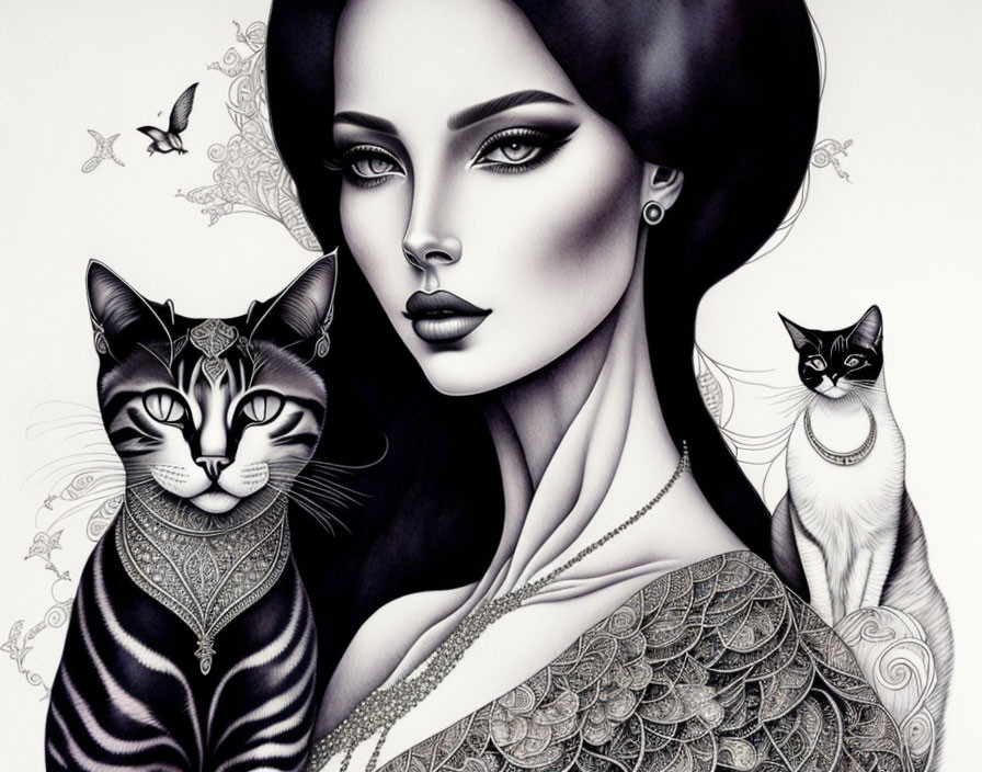 Monochrome illustration of woman with dark hair and ornate jewelry, flanked by stylized cats