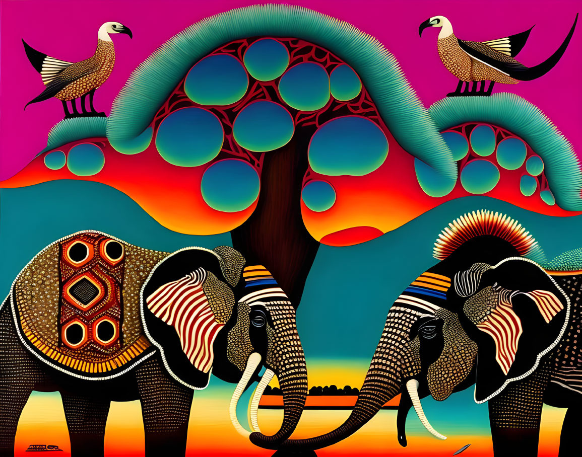 Colorful artwork: Two patterned elephants under tree with birds in vibrant sunset scene