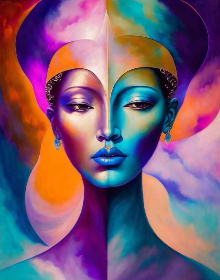 Symmetrical dual-faced woman with blue skin and colorful headdress