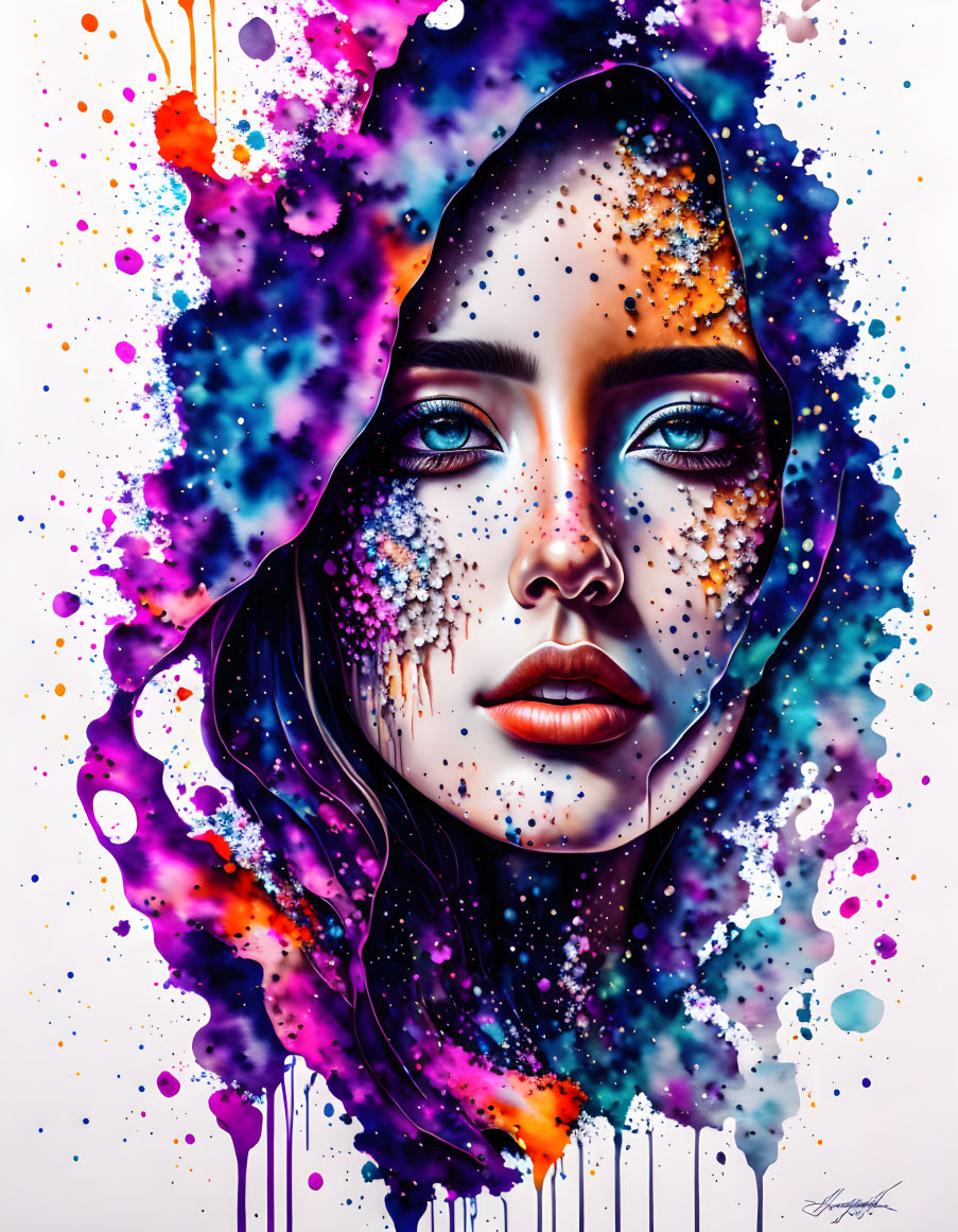 Colorful artwork: Woman's face merges with multicolored paint splashes