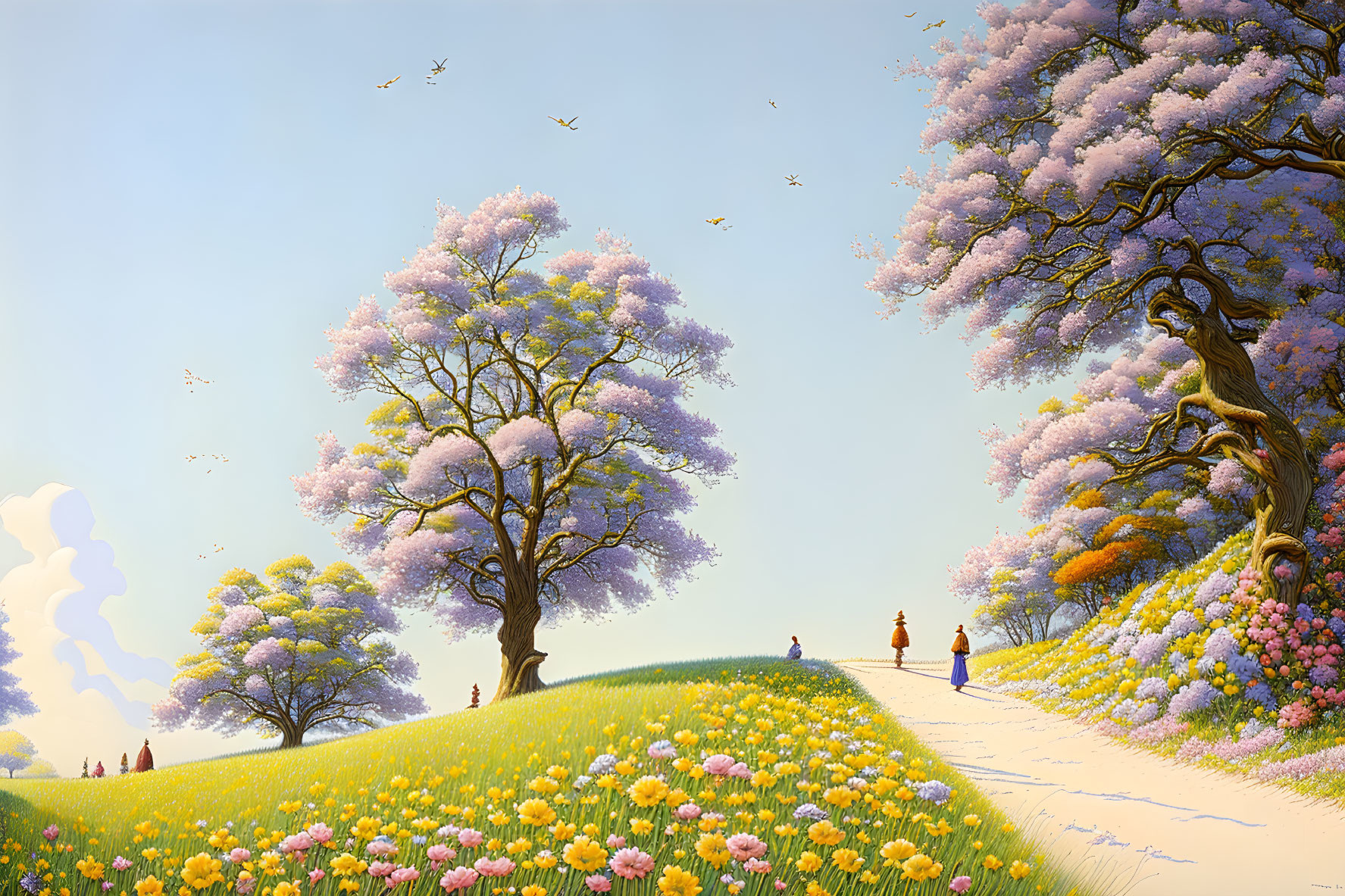 Colorful landscape with flowering trees, blue sky, and people walking along a path