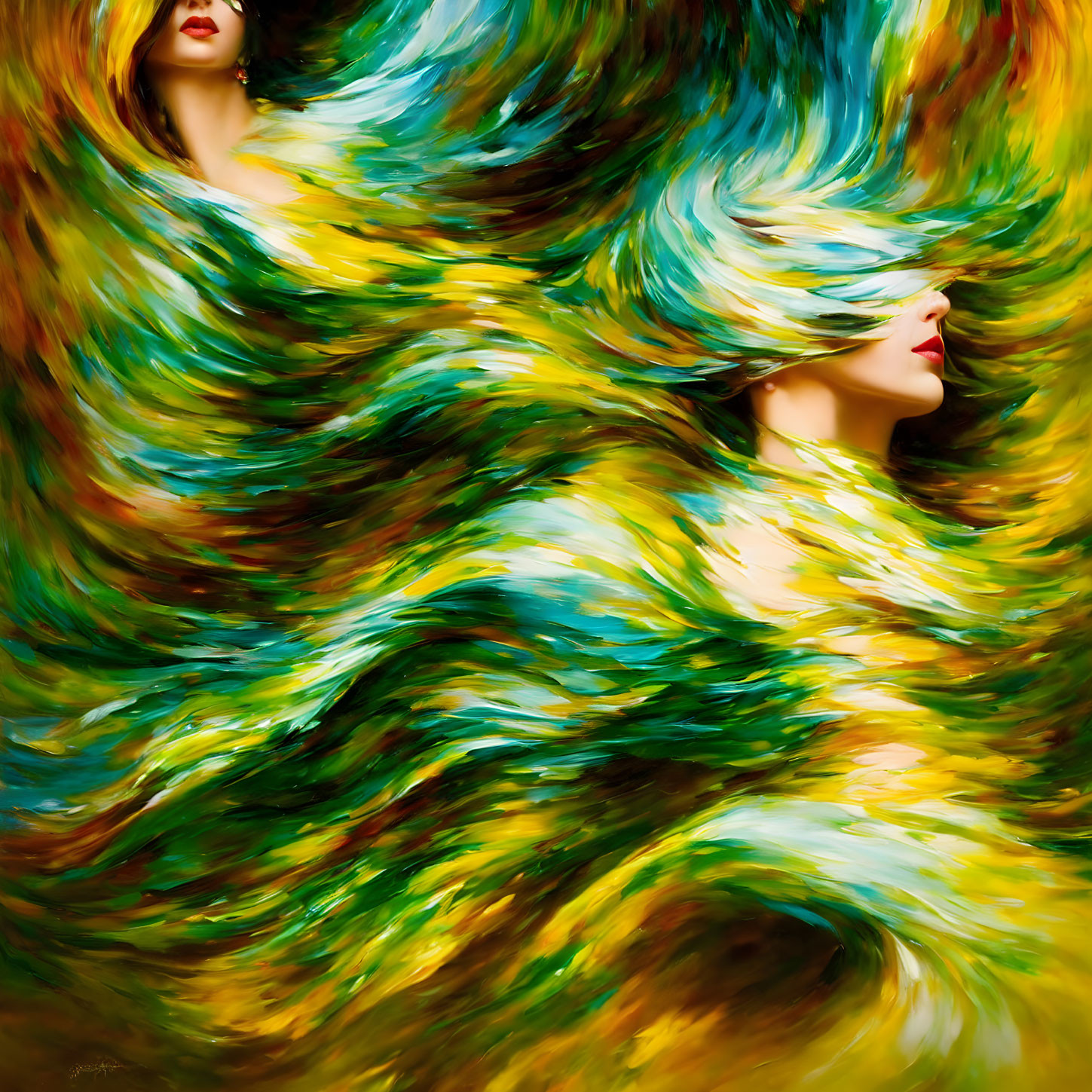 Colorful abstract art: Two figures with vibrant swirls depicting flowing hair.