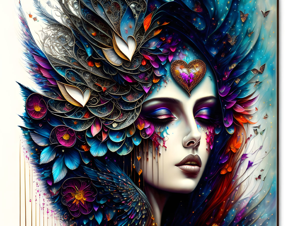 Colorful digital artwork: Woman's face with intricate feather headdress
