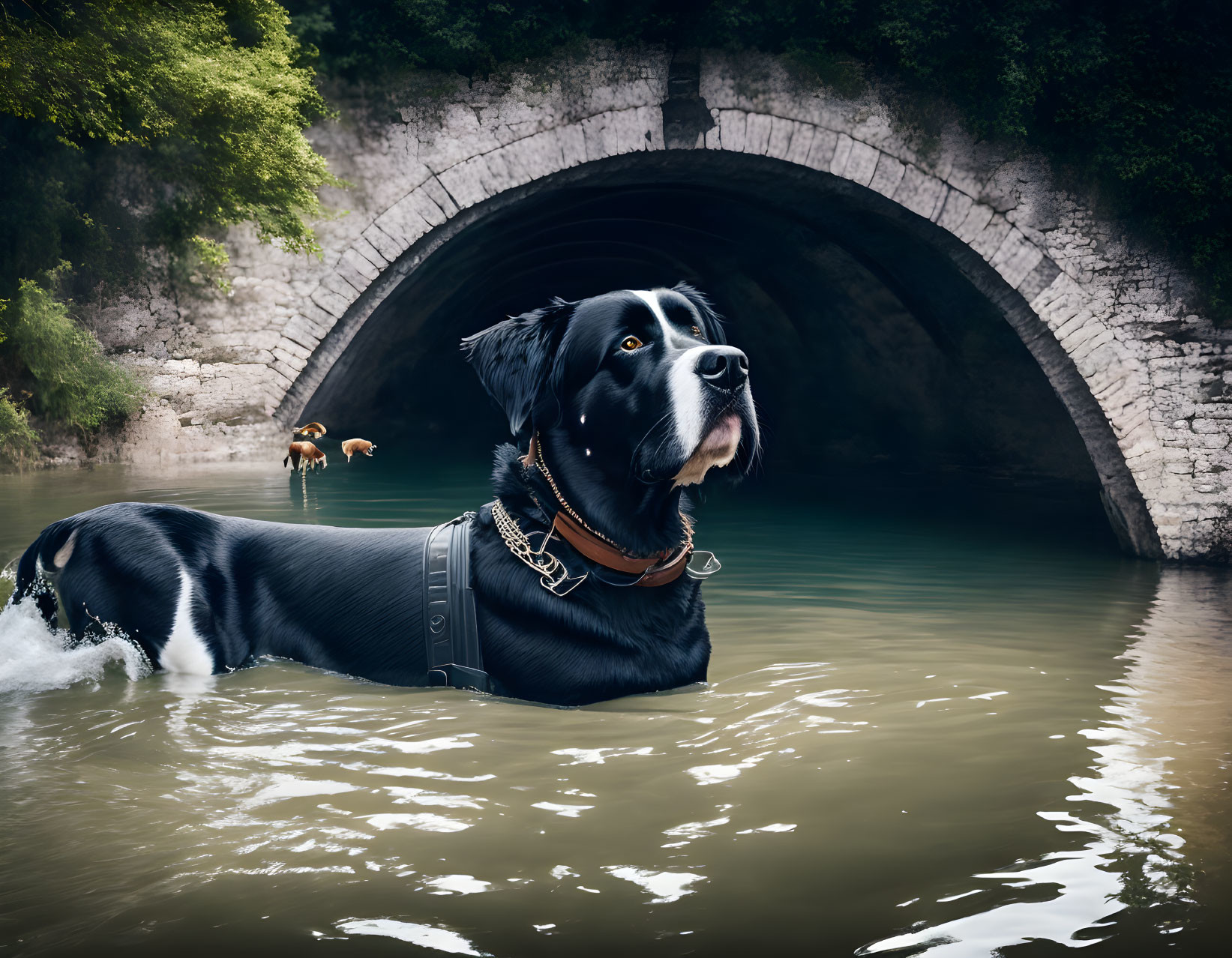 Two dogs in water near arched tunnel