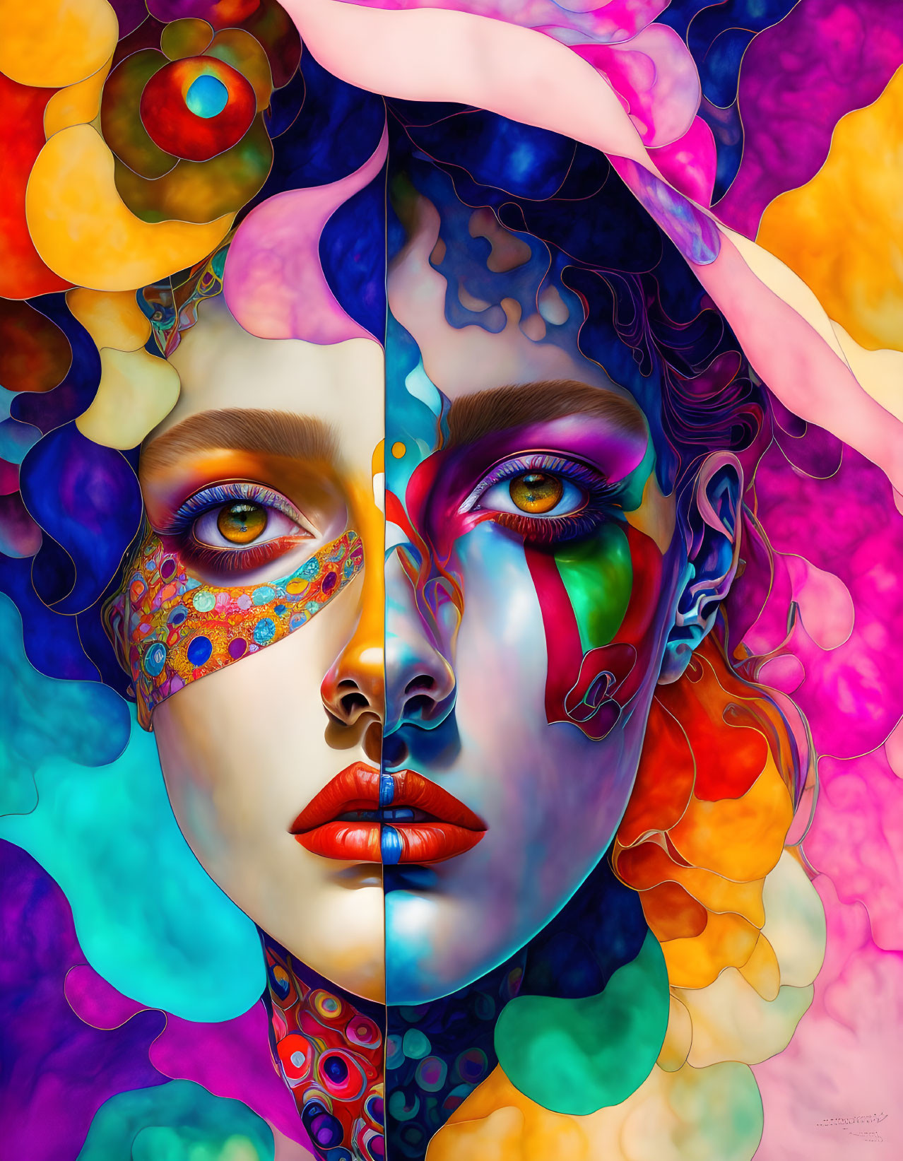 Digital artwork: Split design of realistic female face and abstract pattern