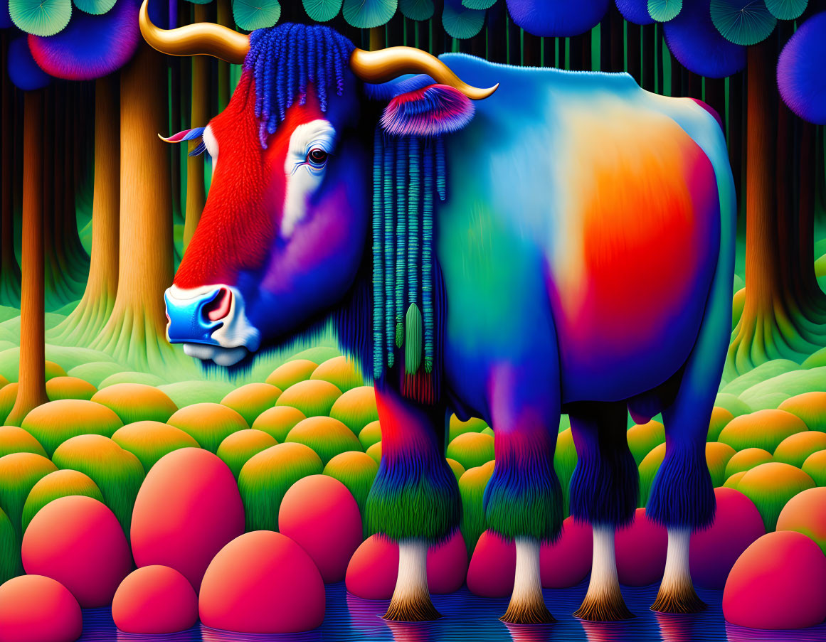 Colorful surreal bull in enchanted forest with patterned trees and rounded shapes