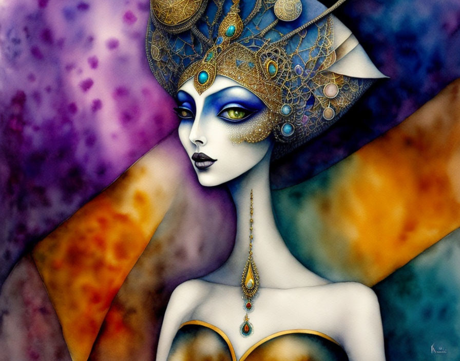 Mystical woman with blue skin and golden accessories on colorful background