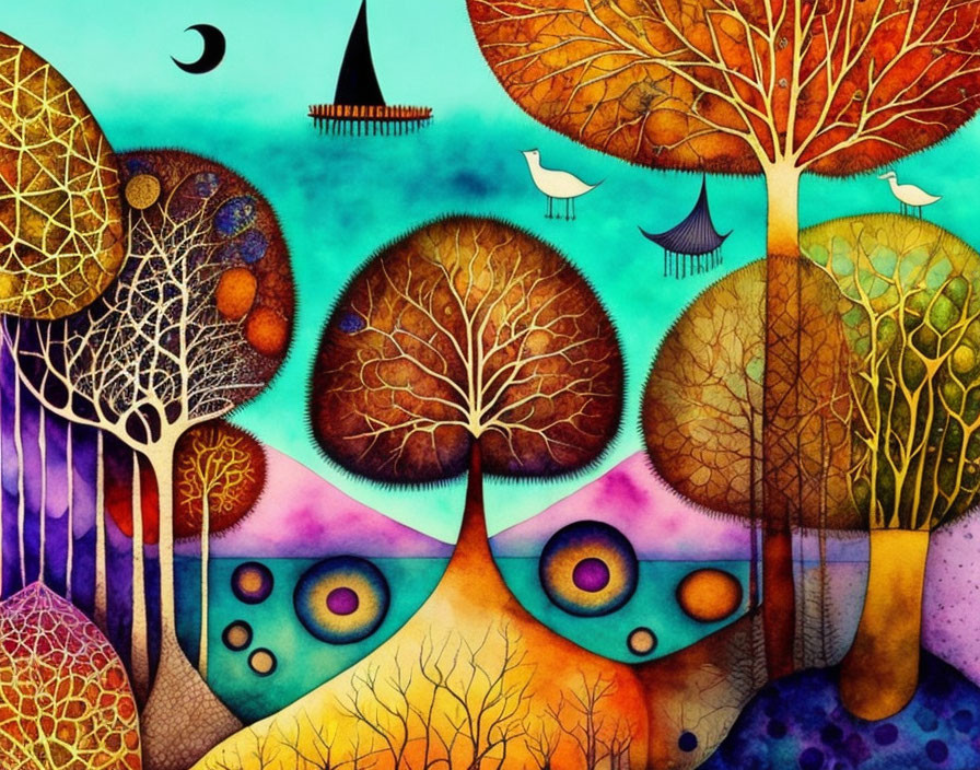 Colorful Autumn Landscape with Stylized Trees and Crescent Moon