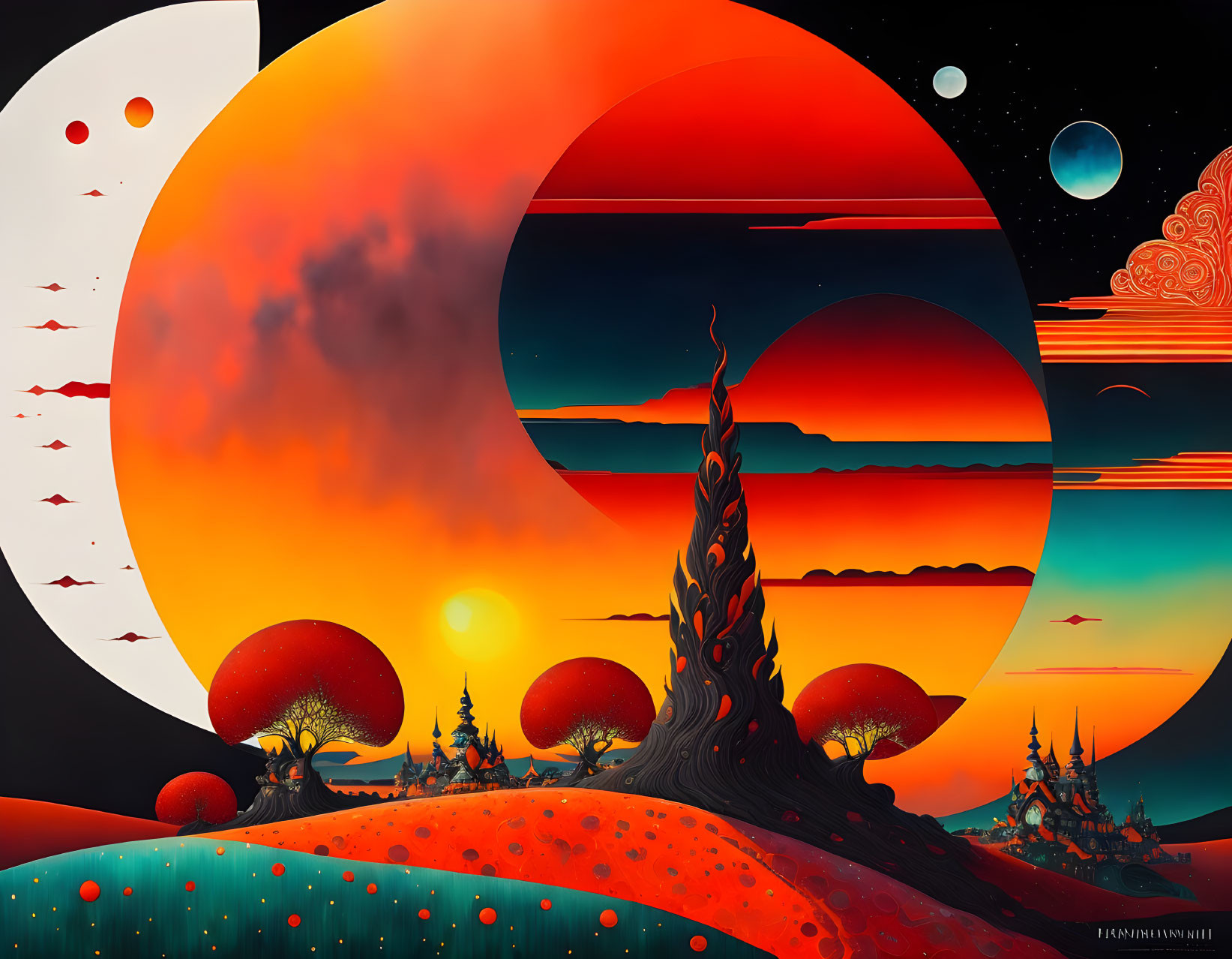Otherworldly Landscape with Large Sun, Moons, and Vibrant Sky