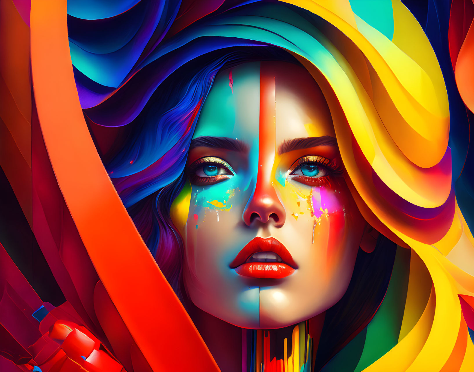 Colorful abstract digital portrait of a woman on dark backdrop